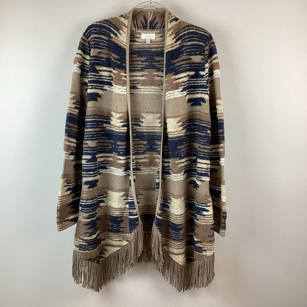 Lucky Brand Aztec Boho Open Front Fringe Cardigan | Large